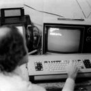 Ariel at the Shadow computer system that he designed based on a Z80 microprocessor and Matrox RGB (256 x 256) video cards