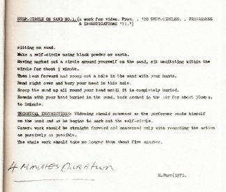 Mike Parr's instructions for Self Circles on Sand No.1, from the Inhibodress Vide Tapes catalogue.