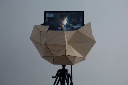 Sam Smith, Time Travel (2009), Single channel HD video installation Hoop pine plywood, polyester resin, fiberglass, polyurethane foam, enamel, tripod, LCD monitor, Courtesy the artist and GRANTPIRRIE, Sydney